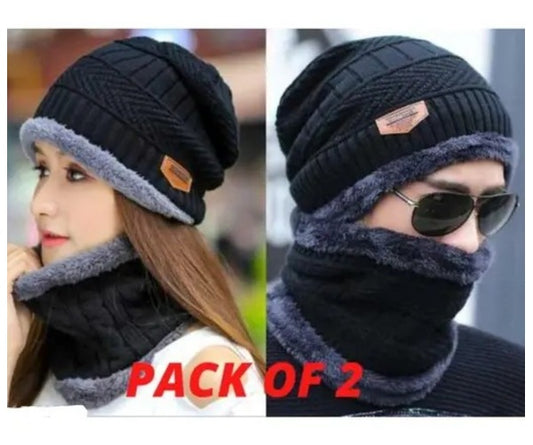 Couple Pack Of 2 Combo – Woolen Winter Beanie Head Cap With Neck Warmer Muffler For Men And Women